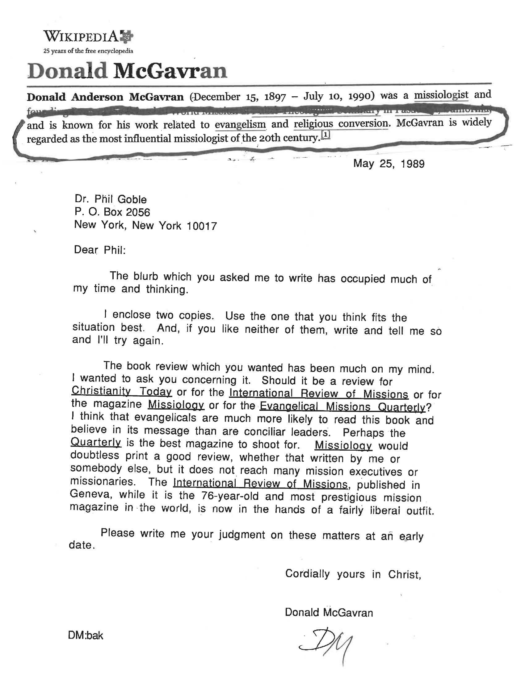 Letter from Dr. Donald McGavran to Dr. Phil Goble, May 25, 1989